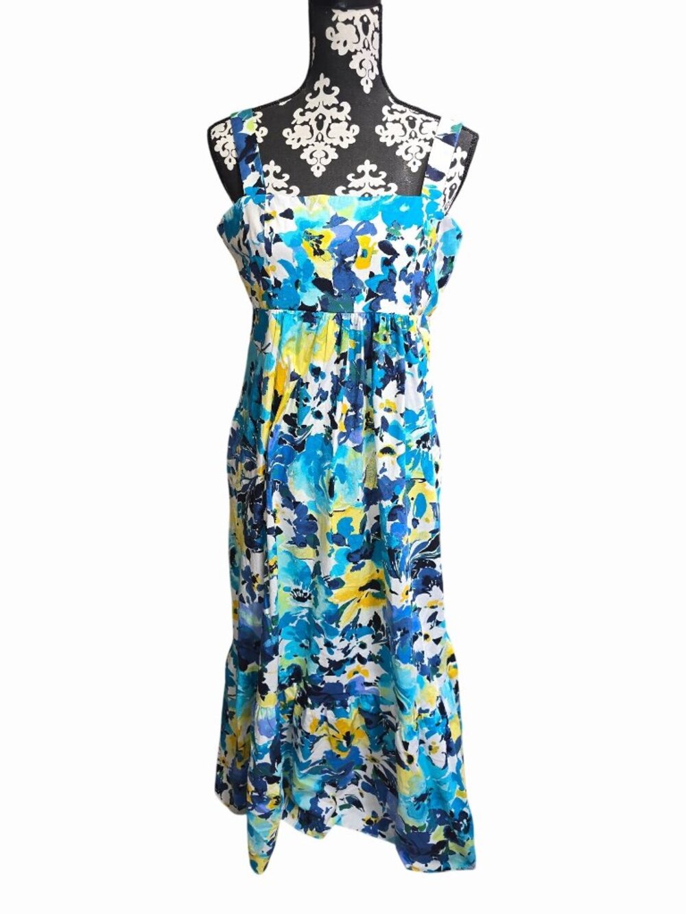 London Times Blue & Yellow Floral Print Sleeveless Empire Maxi Dress Size 12